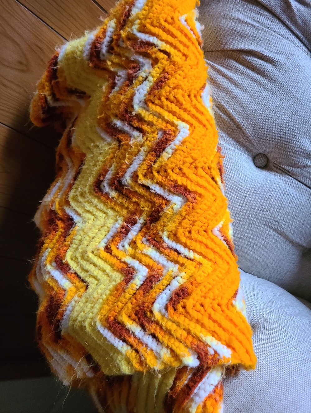 Hand Crafted Orange, Yellow & White Chevron Throw - Picture 2 of 13